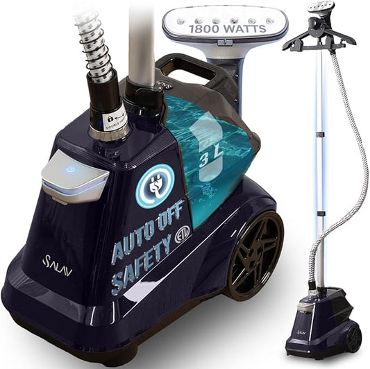 SALAV® Heavy Duty Smart Auto Shut-off Commercial Full-Size Garment Steamer, Beeping Alert when Water Runs out, Foot Pedal Control, XL 3L (101.5 oz) Tank, 1800 watts, 90+min of Continuous Steam, Navy