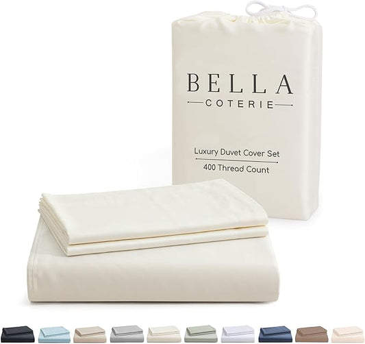 Bella Coterie Luxury Bamboo Viscose Queen Size Duvet Cover Set | 100% Organically Grown | Corner Ties | Ultra Soft | Cooling | Two Pillow Shams | 90 x 94 | No Insert [Ivory]