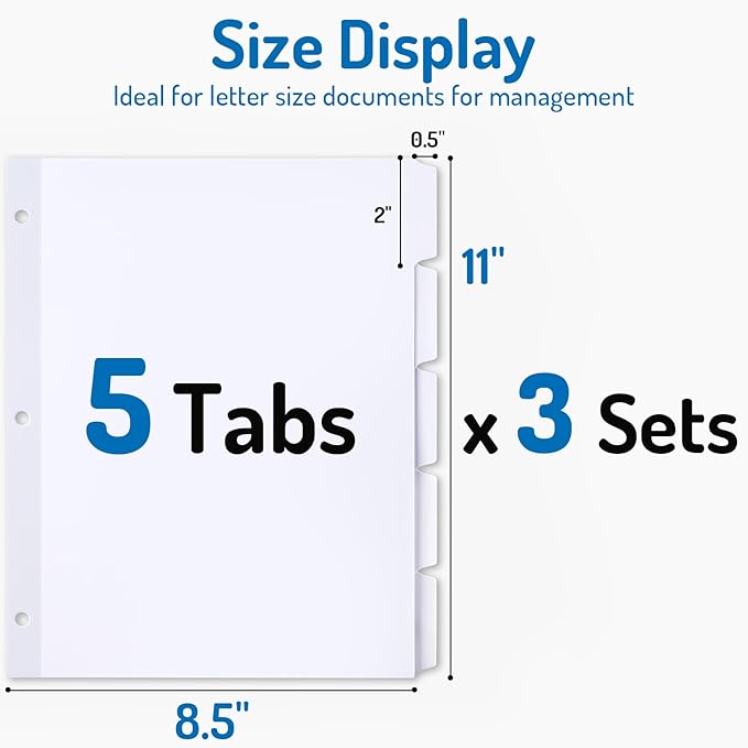 Forvencer Blank Writable Binder Dividers, 1/5 Cut Tabs, 3 Hole Punch Dividers with Reinforced Edge, Binder Dividers with Tabs, Letter Size, 3 Sets, 15 Dividers, White