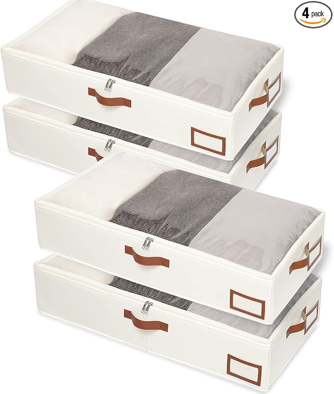 Yawinhe Under Bed Storage Containers, 4 Pack, Bin with Lids, Collapsible Closet Organizers, with Sorting Card Slot and 4 Leather Handles, for Blanket, Bedding, 31.5''Lx15.7''Wx6''H, Beige
