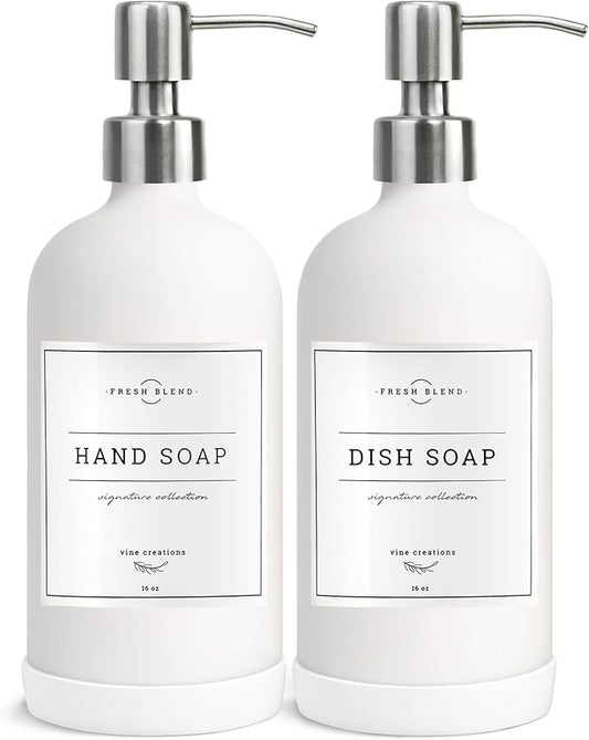 Vine Creations White Glass Soap Dispenser, 2 Pack Kitchen Soap Dispenser Set with Stainless Steel Pump, 16 oz Dish Soap and Hand Soap Dispensers for Bathroom with Waterproof Labels