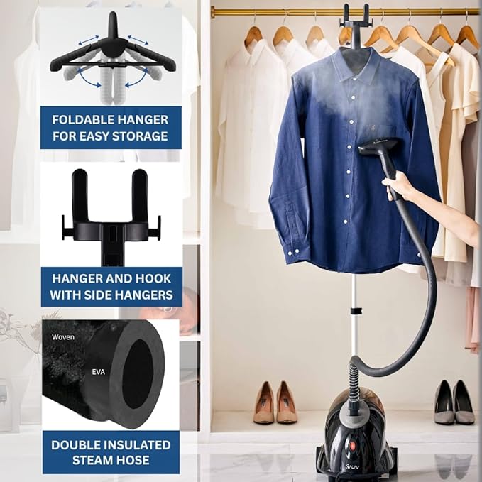 SALAV GS18-DJ Standing Garment Steamer with Smart Auto-Off, Wheels for Easy Movement, 1.8L Water Tank for 1hr Continuous Steaming, Adjustable Pole for Storage, with Descaler Packet, 1500 watts