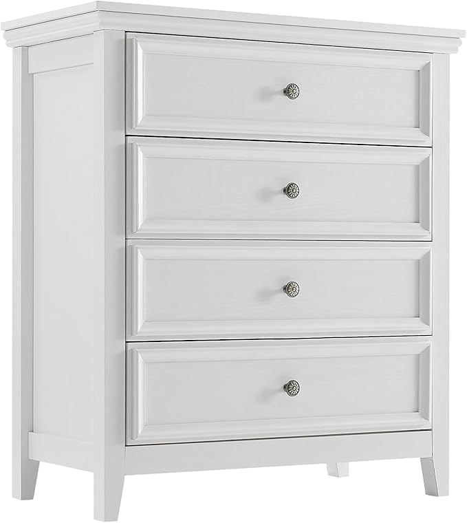 White Dresser for Bedroom, 4 Chest of Drawers, Wooden Dressers Tall Nightstand with Drawer, Farmhouse Cabinet for Bedroom, Living Room,Hallway