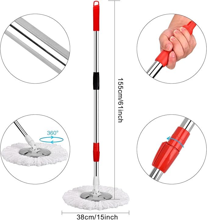 Mop and Bucket Set, 360° Spin Mop and Bucket with Wringer Set and 3 Microfiber Mop Refills, Stainless Steel 61" Extended Handle Spinning Mop Bucket System for Floor Cleaning