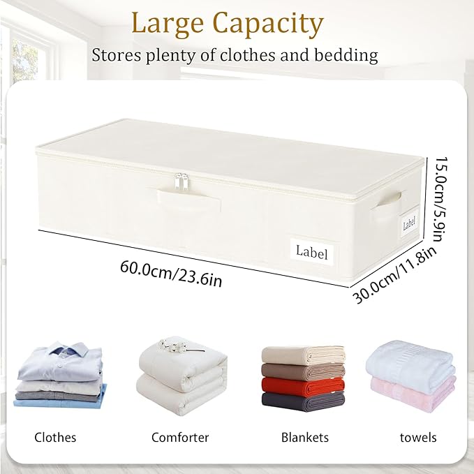 Yawinhe Underbed Bags, Storage Containers Bags with Lid, Foldable Blanket Bins, with Sturdy Zipper und Label Holders, for Clothing, 23.6''Lx11.8''Wx6''H, 1Pack,Beige，SNH002BES-1