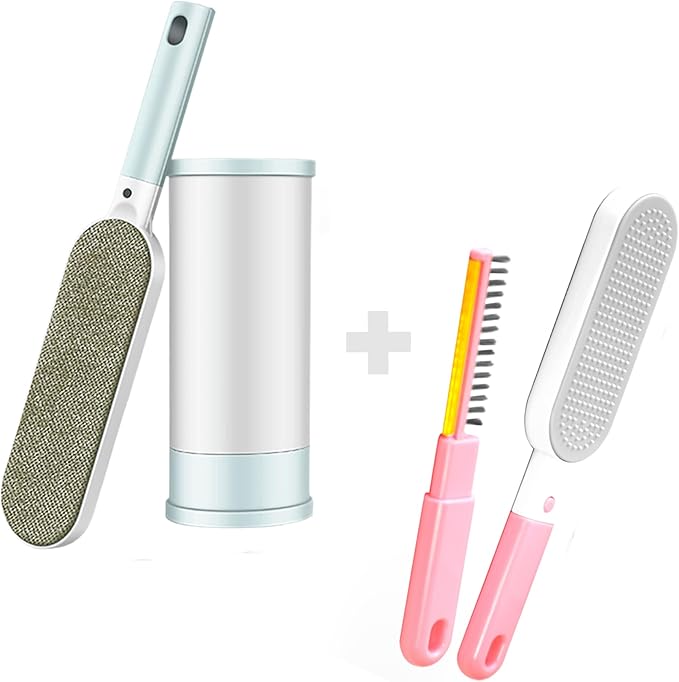2PCS Lint Brushes for Clothes, Cat Dog Hair Remover for Lundary, Self-Cleaning Lint Remover for Bed Sofa Coat, Best Hair Cleaning Brushes Better Than Lint Roller (Large Blue and Mini Pink)