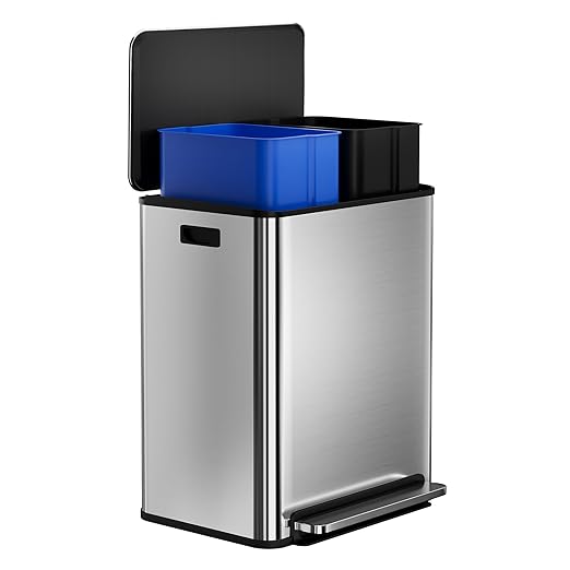 Garvee Stainless Steel Garbage Can, 2 x 8 gal Dual Compartment Trash Can with 2 Inner Buckets and Soft Close Lid, Foot Pedal Garbage Bin for Bathroom, Living Room, Kitchen, Silver