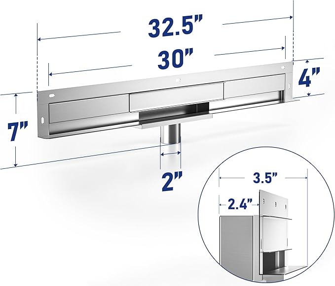 Linear Wall Drain 30’’, 304 Stainless Steel Side Drain w/Tiled Grate & Hair Strainer, Brushed Tiled Shower Drain for Bathroom, CUPC Certified