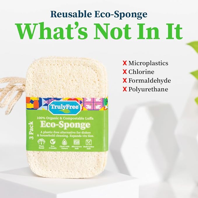 Truly Free Natural Cleaning Sponges, 100% Organic Luffa Dish Scrubber, Plant-Based Compostable Kitchen Dishwasher Sponge, Cleans Sink, Grout & Tile, Non Scratch Scouring Pad - 4.4 x 2.8 in, Pack of 3