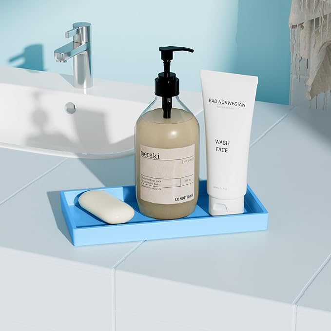 Vanity and Bathroom Tray, 7.7" ABS Countertop Organizer,Waterproof Vanity Tray for Toilet Tank,Perfume,Soap,Keys,Bathroom Accessories,Kitchen and Bath Trays,Non Slip Small Trays,Blue,2 Pack