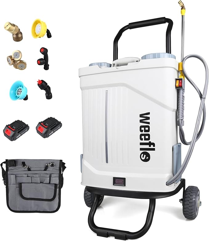 Weeflos Battery Powered Backpack Sprayer,4 Gallon Electric Sprayer with Wheeled Cart, 100 PSI High Pressure, 2X 21V Rechargeable Batteries,Garden Sprayer for Outdoor Cleaning & Washing