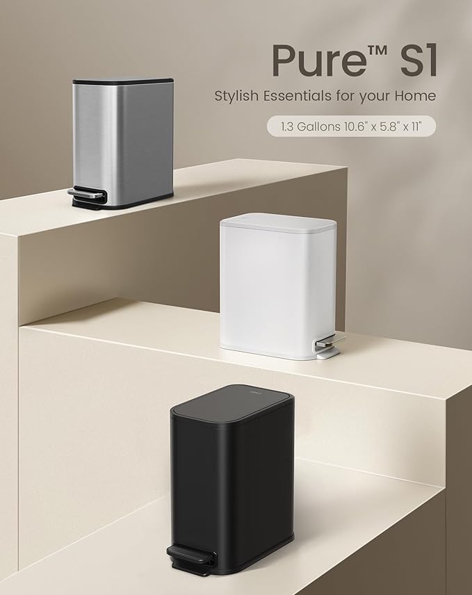 Cesun Small Bathroom Trash Can with Lid Soft Close, Step Pedal, 5 Liter / 1.3 Gallon Stainless Steel Garbage Can with Removable Inner Bucket, Waste Basket for Bathroom, Bedroom (Silver)