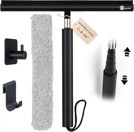 12 Inch Squeegee Shower Doors,Shower Squeegee with Long Handle,Extension Pole Squeegee, Bathroom Squiggy for Shower Glass,Car,Windshield, Doors,Up to 47 Inch,Black