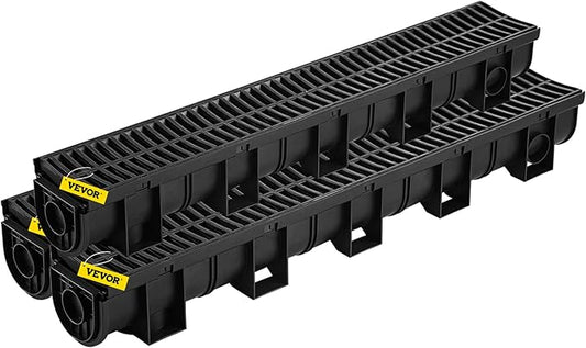 VEVOR Trench Drain System, Channel Drain with Plastic Grate, 5.9x5.1-Inch HDPE Drainage Trench, Black Plastic Garage Floor Drain, 3x39 Trench Drain Grate, with 3 End Caps, for Garden, Driveway-3 Pack