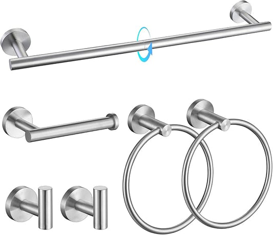 TQKAG Brushed Nickel Bathroom Hardware Set 6-Piece Bathroom Accessory Set 23.6 Inch Round Stainless Steel Towel Bar Set Wall Mounted