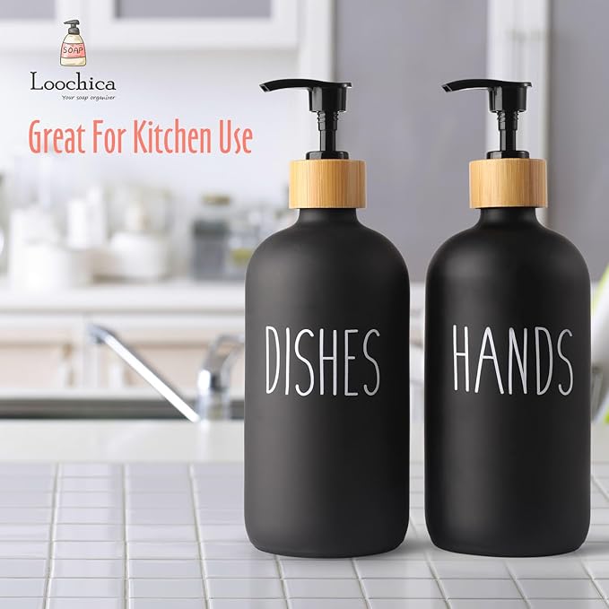 2 Pack Black Glass Soap Dispenser Set, Matte Black Soap Dispenser for Sink, Rustic Kitchen Decor