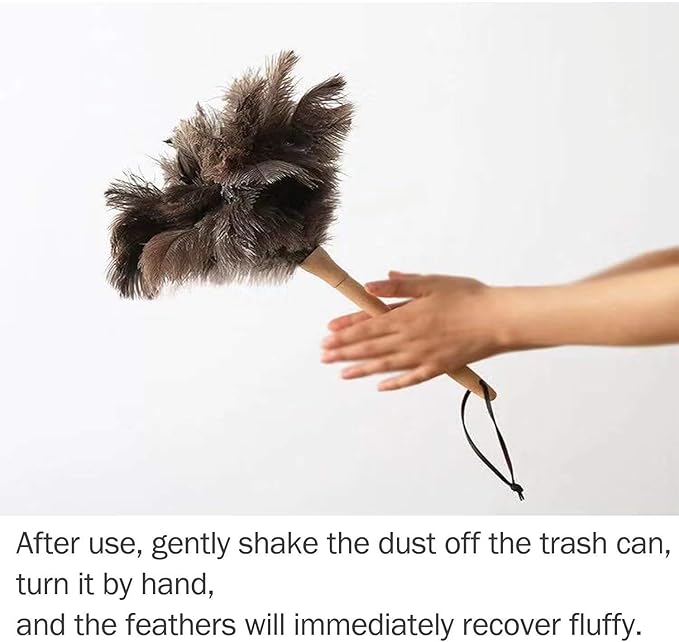 Feather Dusters for Cleaning, Feather Duster Ddzmz Fluffy Natural Genuine Ostrich Feathers and Reusable Wooden Long Handle Large Ostrich Feather Duster Cleaning for Housewife Brown Length 24" 1Pack