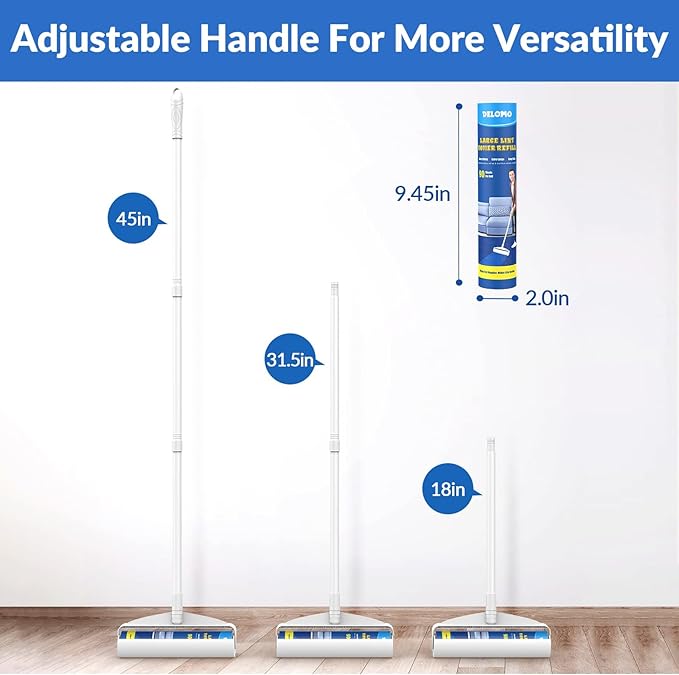 Large Lint Rollers for Carpet, Sticky Rollers for Floor DELOMO 9.45 in with 3 Extendable Handle, Long Handle Sticky Mop for Cleaning Carpets, Cars, Clothing, and Pet Hair