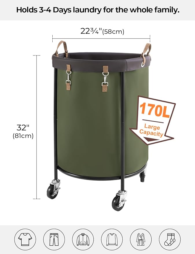 StorageWorks 170L Rolling Laundry Basket, Clothes Hamper with Wheels, Round Clothing Cart with Steel Frame and Removable Bag, 4 Casters and 2 Brakes, Green, 1-Pack