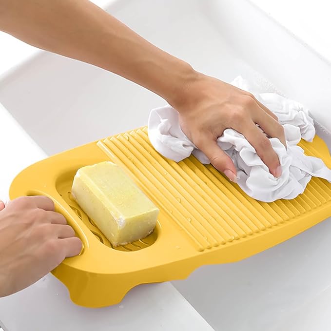 Wash Board, Washboard for Hand Washing Clothes, Plastics Laundry Scrub Board Household With Holder Portable (D-yellow+multifunctional soap dish+soft bristle brush)