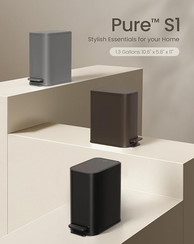 Cesun Small Bathroom Trash Can with Lid Soft Close, Step Pedal, 5 Liter / 1.3 Gallon Stainless Steel Garbage Can with Removable Inner Bucket, Waste Basket for Bathroom, Bedroom (Gray)