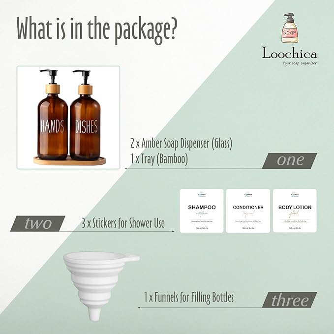 Amber Glass Soap Dispenser Set with Tray, Amber Dish and Hand Soap Dispenser Set, Refillable Reusable Apothecary Soap Pump Dispenser Bottles for Bathroom and Kitchen