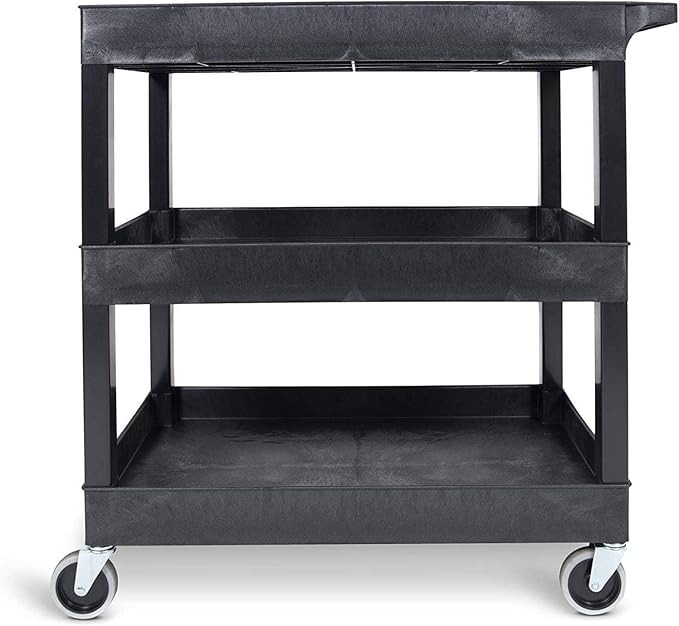 Tubstr 3-Tier Rolling Utility Cart with Wheels | Supports 300 lbs. Total | Heavy-Duty Capacity for Garage Storage, Office Spaces, & Kitchen Use | Durable Tool Cart with Locking Wheels (Black, 32 x 18)