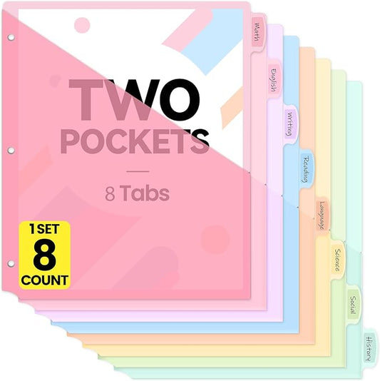 Sooez 8 Count Dividers with 2 Pockets, 8 Tabs Binder Dividers for 3 Ring Binders, Binder Dividers with tabs, Binder Divider with Pockets for US Letter Size, Insertable Big Tabs, Pastels, 1 Set