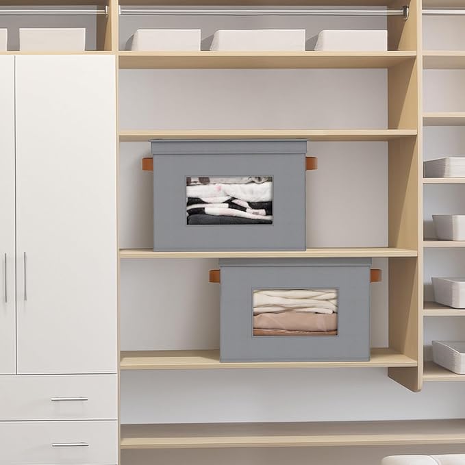 Univivi Storage Bins with Lids Collapsible Foldable Closet Storage Boxes for Clothes [3-Pack] Containers boxes with Handles Closet Storage for Home, Office, Bedroom (Grey,17" x 12"x 12")