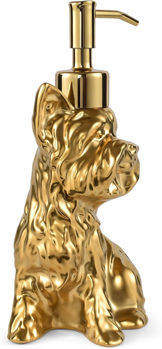 Yorkshire Terrier Shaped Soap/Lotion/Hand Sanitizer Dog Lover Stainless Steel Pump Dispenser for Dog Gifts, Refillable for Kitchen and Bathroom(Gold)