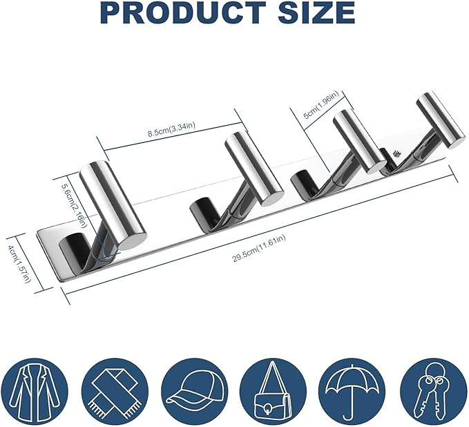 VAEHOLD Hat and Coat Wall Mount Rack - Hooks for Robes, Bags, Keys, and Towels - Bathroom Towel Hanger Organizer (Polished Chrome, “T“ Shape 4 Hooks 2 Pack)