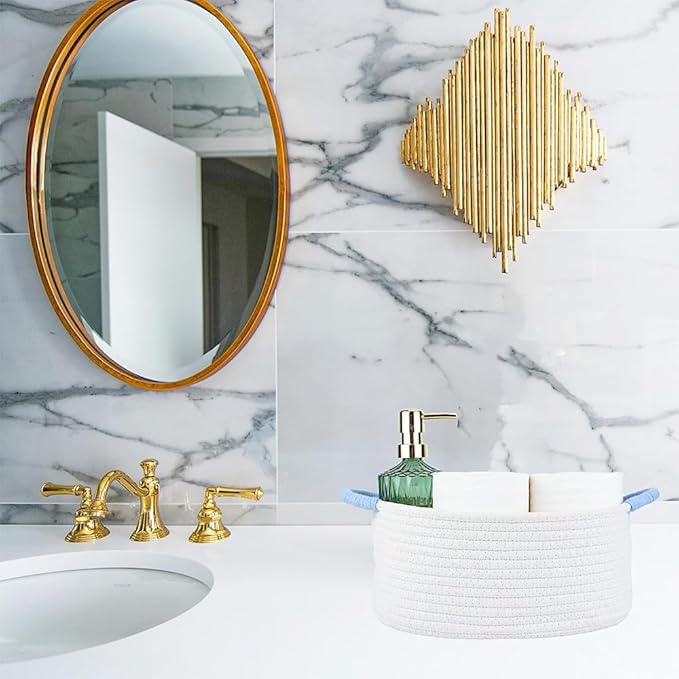 Yimi's Dream Basket for Gifts, Small Cute Shelf Baskets for Babies, Wedding, Birthday, White Rope Baskets with Blue Handle for Home Decor(Oval, 12"x 8"x 5")