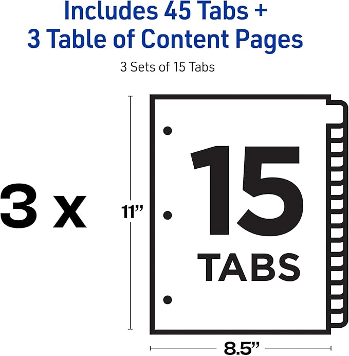 Avery Dividers for 3 Ring Binders, 15 Tabs per Set, Customizable Table of Contents, Multicolor Tabs, Great for Organizing Reports, Projects, and More (3 Sets of 11074)
