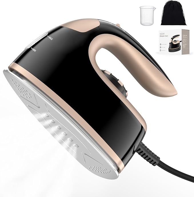 MIYOKO 2-in-1 Mini Travel Steam Iron, 1000W Portable Small Iron for Clothes, with Non-Stick Soleplate, 90ML Water Tank, 25G/Min High Speed Steams, 110-120V for Home Travel Use, Black & Gold