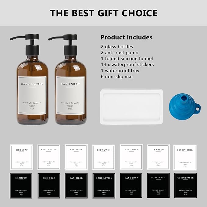 Amber Glass Soap Dispenser - Dish Hand Soap Dispenser for Kitchen, Bathroom Soap Lotion Dispenser with Pump, Refillable Liquid Soap Pump Dispenser Set with Tray, Amber Bottle/Black Pump-pd