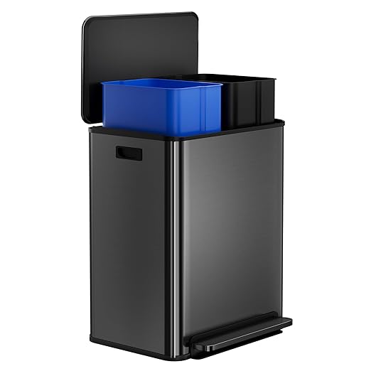 Stainless Steel Garbage Can, 2 x 8 gal Dual Compartment Trash Can with 2 Inner Buckets and Soft Close Lid, Foot Pedal Garbage Bin for Bathroom, Living Room, Kitchen, Black