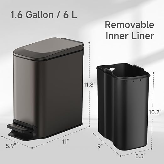 TIPGO Slim Bathroom Trash Can with Lid Soft Close, 6 Liter / 1.6 Gallon Stainless Steel Garbage Can with Removable Inner Bucket, Step Pedal, Small Trash Cans for Bedroom, Office, Kitchen (Black Gold)