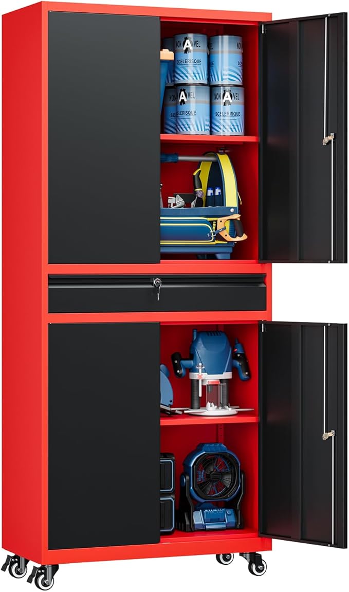 Yizosh Metal Garage Storage Cabinet with Locking Doors and Adjustable Shelves,- 73" Rolling Tool Storage Cabinet with 4 Wheels and 1 Drawer for Garage,Warehouse (Red Black)