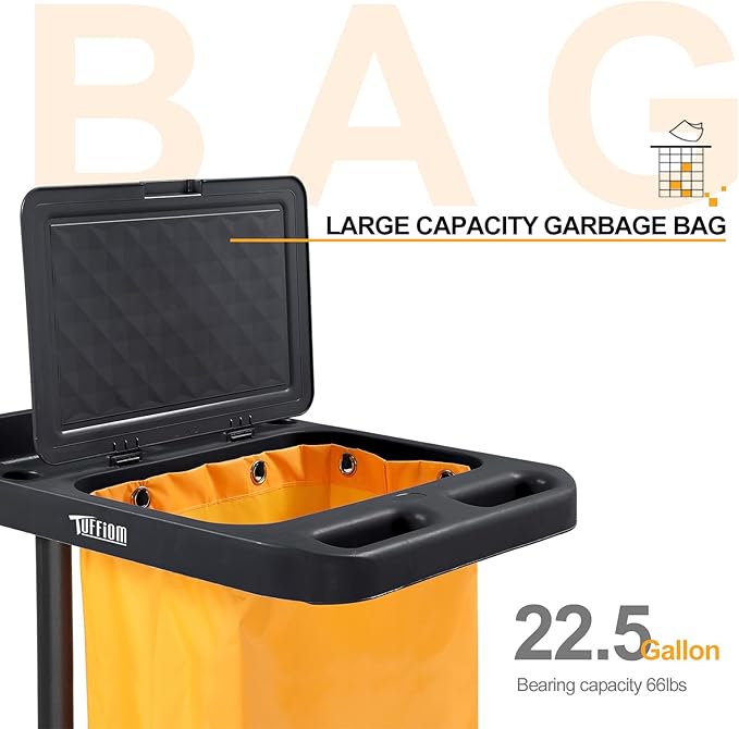 TUFFIOM Commercial Traditional Cleaning Janitorial 3-Shelf Cart, 500 Lbs Capacity Housekeeping Cart, 42.5" L x 18.7" W x 37.6" H, Wheeled with 22 Gallon Yellow VinylBag and Cover w Lid, Black