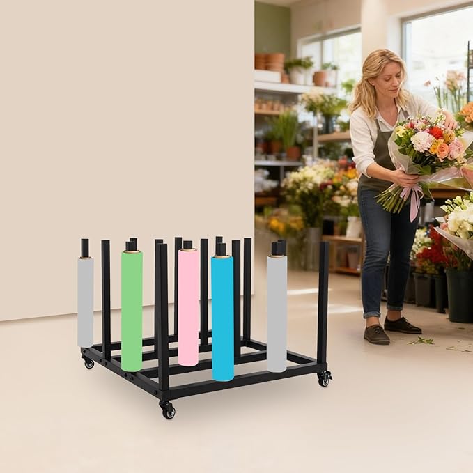 Vinyl Storage Rack | 16 Roll Heavy Duty Media R-oll Cart | Vinyl roll Holder Storage Rack | Round Core Mobile Storage Cart Rack | for Blueprint S-torage/Fabric Organization | Black