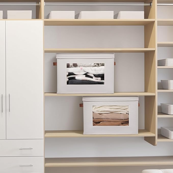 Univivi Storage Boxes with Lids Fabric Foldable Storage Bin for Clothes, [3-Pack] Closet Organizer Containers boxes with Handles for Home, Bedroom, Closet Storage (Beige,17” x 12” x 12")