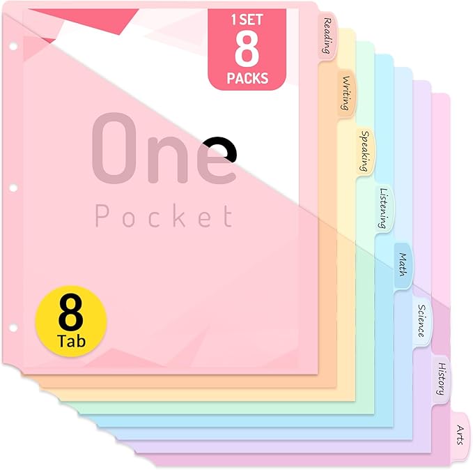 Forvencer 8 Count Dividers for 3 Ring Binder, 8 tabs Binder Dividers with Pocket for US Letter Size, Binder Dividers with Tabs for School Office and Home Organization, Multicolor, 1 Set