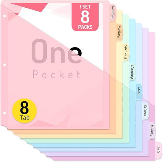Forvencer 8 Count Dividers for 3 Ring Binder, 8 tabs Binder Dividers with Pocket for US Letter Size, Binder Dividers with Tabs for School Office and Home Organization, Multicolor, 1 Set