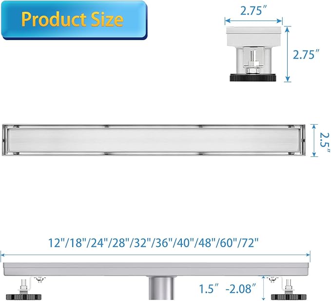 Linear Shower Drain, 18 inch Drain with Tile Insert 2-in-1 Panel, Brushed 304 Stainless Steel Shower Floor Drain, Linear Drain with Hair Strainer and Adjustable Feet