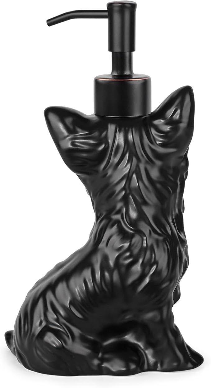 Yorkshire Terrier Shaped Soap/Lotion/Hand Sanitizer Dog Lover Stainless Steel Pump Dispenser for Dog Gifts, Refillable for Kitchen and Bathroom(Black)