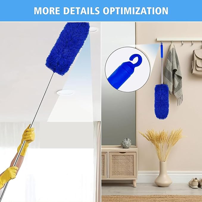 Ceiling Fan Cleaner Dusters for Cleaning 6-in-1 Kit, Cobweb Duster with Extension Pole, 100 Inches High Ceiling Fan Blade Cleaners with 5 Reuseable Dusting Heads for Windows and Blinds- Blue