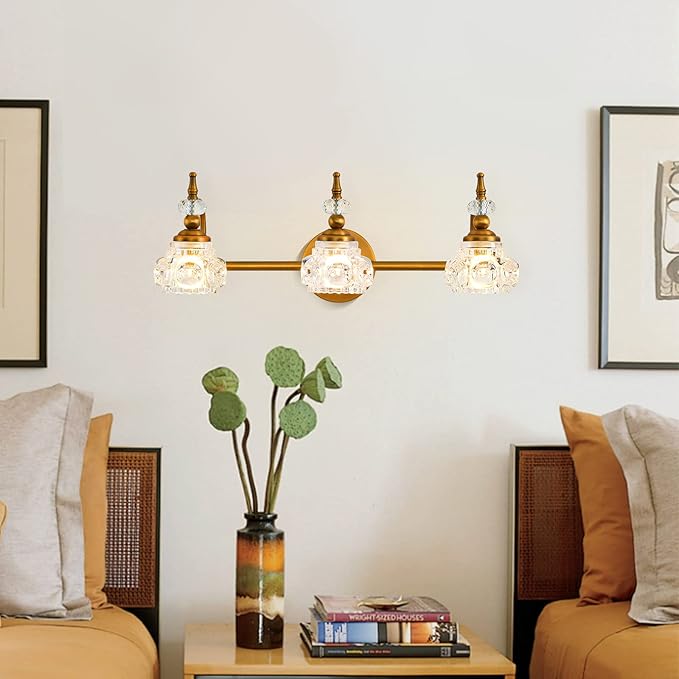 WJShome Vintage Bathroom Vanity Light Fixture, 3 Lights Bathroom Lighting Matte Brushed Antique Brass Finish with Crystal Glass Shade, Vintage Vanity Light for Bathrooms
