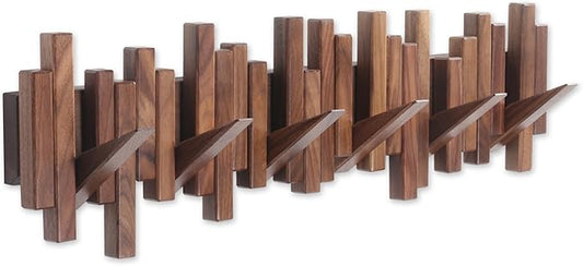 Wooden Coat Rack Wall Mounted Sticks Multi Rack Solid Handmade Natural Walnut Wood Artwork with 6 Flip-Down Unique Modern Hooks for Coats Bag Hat Umbrella