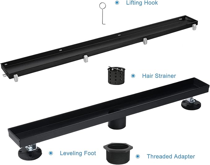 Linear Shower Drain, 32 inch Black Drain with Tile Insert 2-in-1 Panel, Brushed 304 Stainless Steel Shower Floor Drain, Linear Drain with Hair Strainer and Adjustable Feet