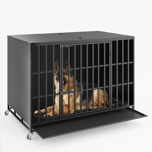 48 inch Heavy Duty Indestructible Dog Crate, Escape Proof Dog Cage with Enclosed Design, High Anxiety Dog Crate for Large Dogs, Lockable Wheels and Removable Trays, Large